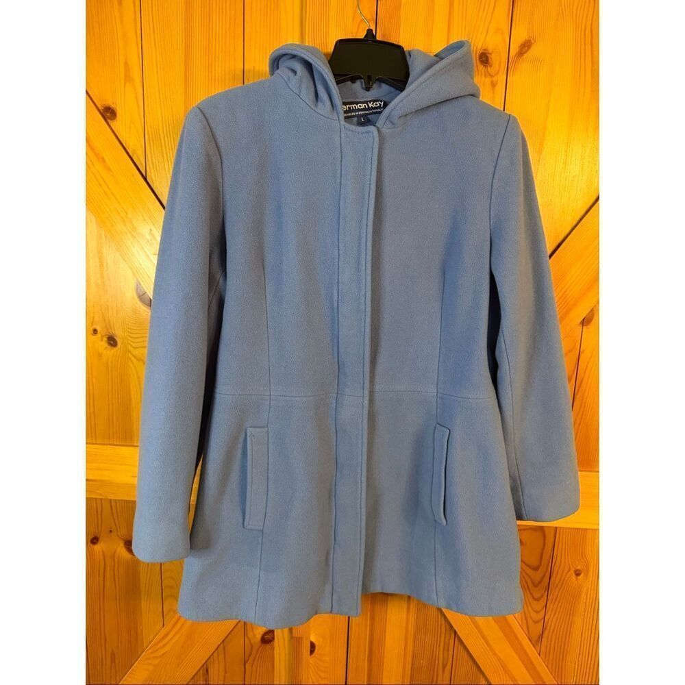 Vintage Herman Kay Lined Wool Blend Hooded Zip Up Blue Coat Size Large (6779)